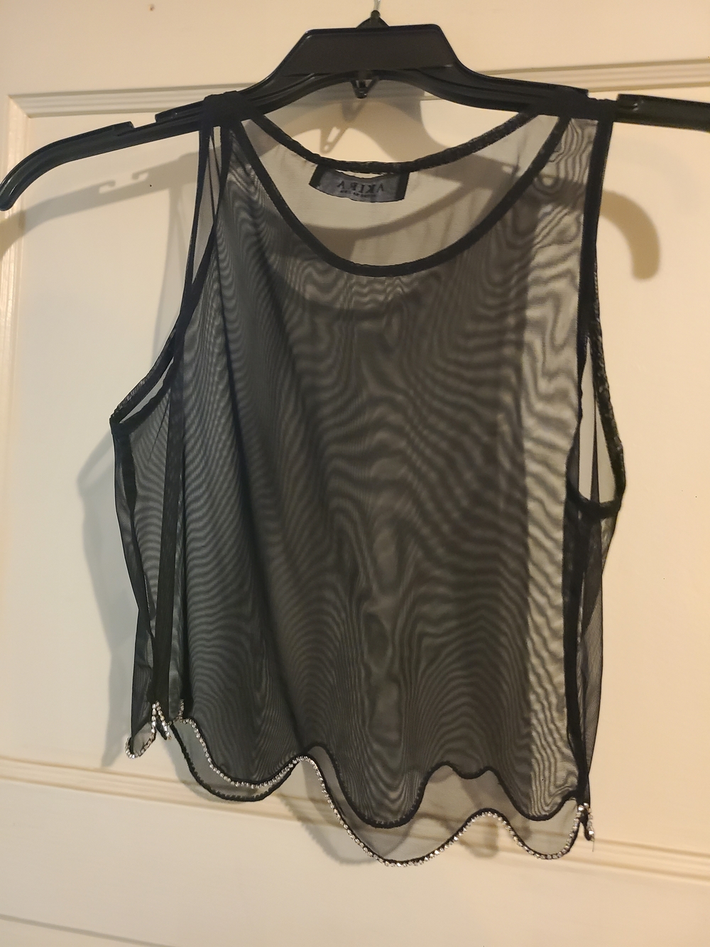 AKIRA Black Sheer Mesh Tank Top with Beaded Scallop Trim